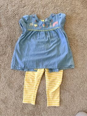 Baby Boden Embroidered Farm Animal Tunic with Yellow Stripe Leggings